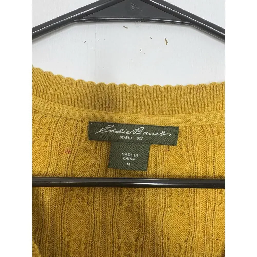 Eddie Bauer Sweater Womens M Cardigan V Neck Mustard Speckled Cableknit Scallop